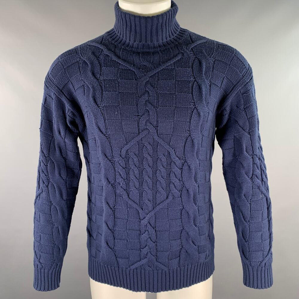 ETRO Size S Navy Cable Knit Wool Blend Turtleneck Sweater